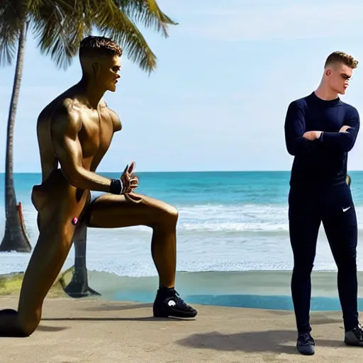 Image similar to a realistic detailed photo of a guy who is an attractive humanoid who is half robot and half humanoid, who is a male android, football player christian mccaffrey, shiny skin, posing like a statue, blank stare, by the beach, on display