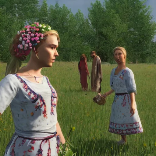 Image similar to a still from the movie midsommar with okami graphics ps 2 visual aesthetic