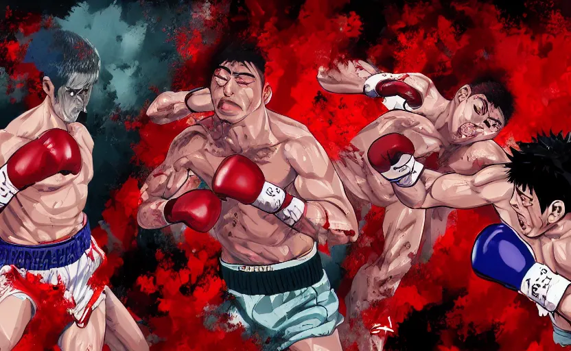 Image similar to a violent boxing match, a boxer punches a boxer in the face, anime, manga panel, masterpiece, by joji morikawa, 4 k wallpaper, bloody, hajime no ippo manga inspired, splashes of red blood, gory