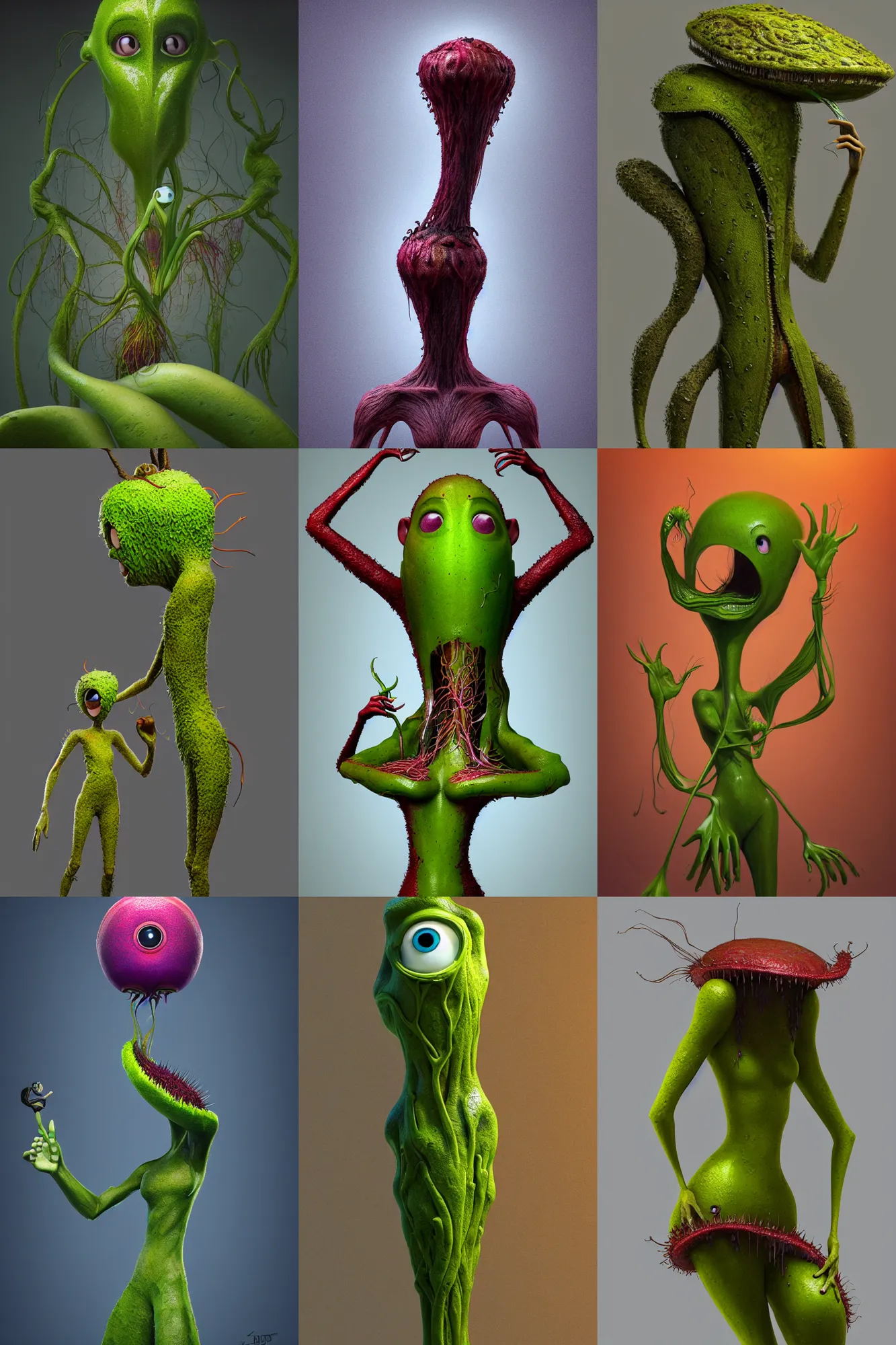 Prompt: anthropomorphic, mutant carnivorous plant eating a human, full body, character design by Disney and Pixar, sculpted in zbrush, minimal, dystopian, big eyes with eyelashes,extremely detailed, digital painting, artstation, algae feet, concept art, volumetric lighting, golden ratio, rule of thirds, fibonacci