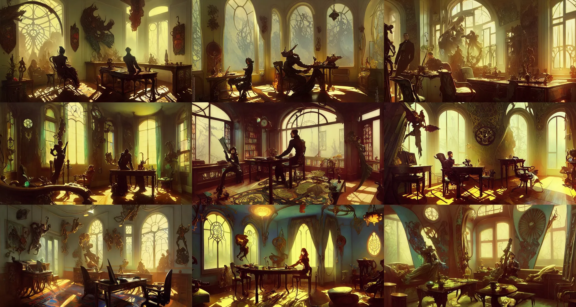 Prompt: home office interior, art nouveau, fantasy, art by joseph leyendecker, peter mohrbacher, ivan aivazovsky, ruan jia, reza afshar, marc simonetti, alphonse mucha