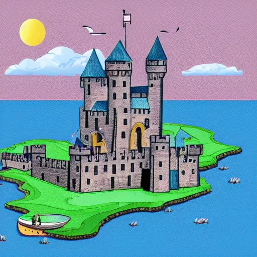 Prompt: Illustration of a medieval castle on an island floating in the sky