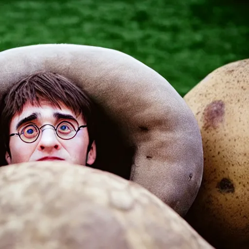 Image similar to harry potter in his robes, laying inside of a giant potato holding his wand, idaho, photography, closeup, midshot, midday, realistic, cinematic, soft lighting