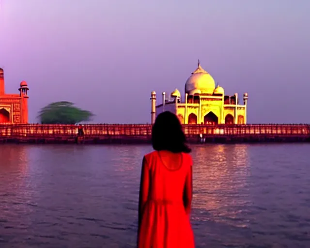 Prompt: a 4 k cinematic film shot still of taj mahal next to gateway of india and a young mumbai girl looking at them during sunset