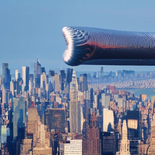 Prompt: stock photograph of cyberpunk New York zeppelin over Hudson sightseeing whale