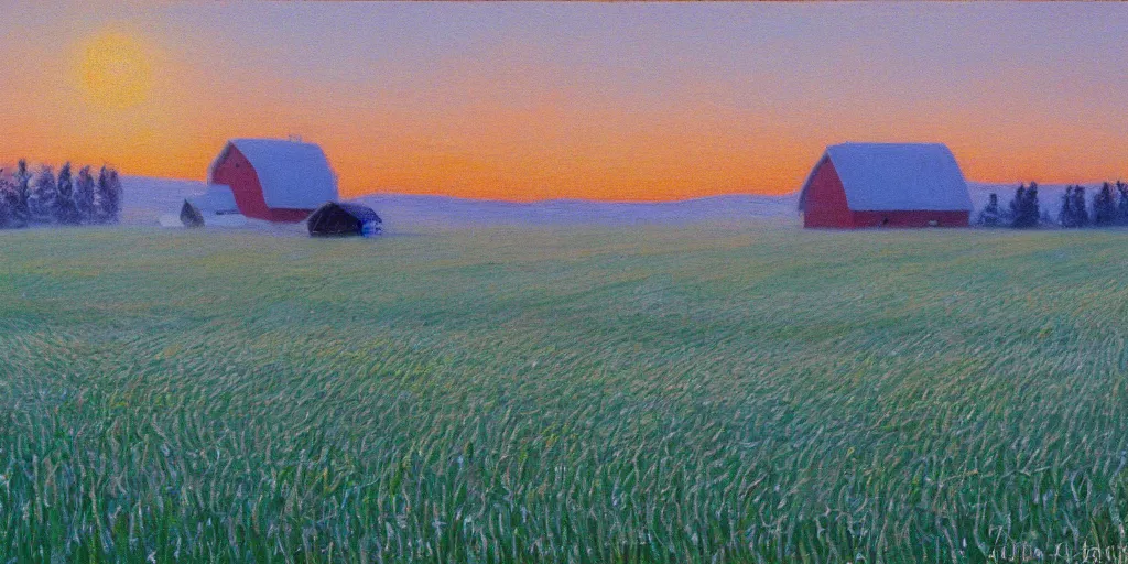 Prompt: impressionism painting of a field of hay on a foggy morning, red barn in distance, sun low on horizon through snow capped mountains