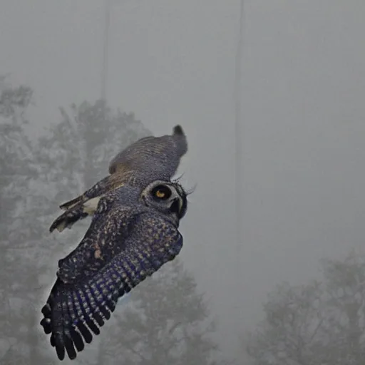 Prompt: huge owl with outstretched wings flapping flying at night through fog talons reaching for rabbit in the forest lit by the full moon fog moving through feathers