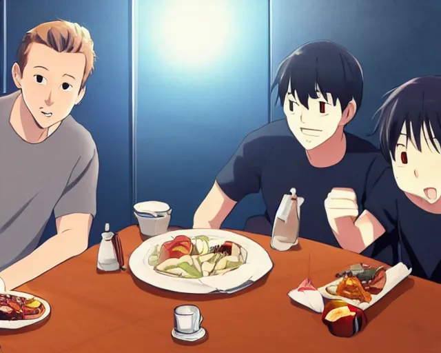 Prompt: harry kane and son heung-min eating dinner at a restaurant, slice of life anime, lighting, anime scenery by Makoto shinkai