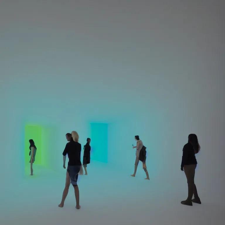 Prompt: conceptual artist performance of'blue and green'gradient colors light projection onto a few giant human torsos in a cramped art gallery by james turrell, high contrast hyperrealism trending on arstation 8 k