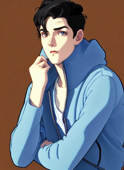 Prompt: well - lit art nouveau portrait of a young man with short black hair, light blue eyes, pale skin, serious expression, jeans and a black hoodie, natural lighting, path traced, highly detailed, high quality, cartoon, digital painting, by don bluth and ross tran and studio ghibli and alphonse mucha