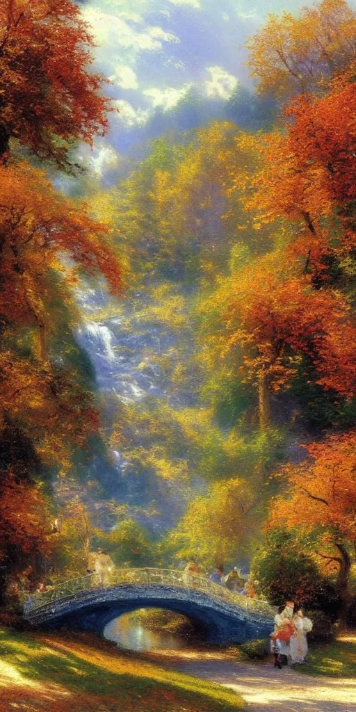 Prompt: an autumn scene by thomas kinkade and auguste renoir and thomas moran