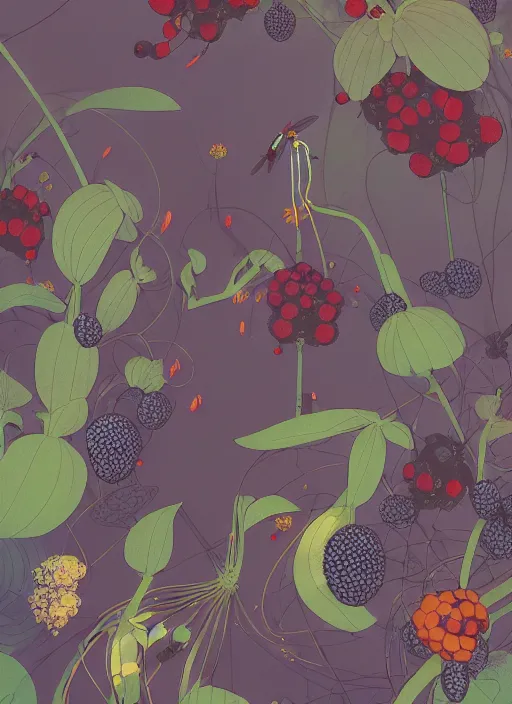 Prompt: garden flowers pattern, berries, dragonflies | illustrated by satoshi kon and greg rutkowski, 7 0's vintage sci - fi flat surreal design