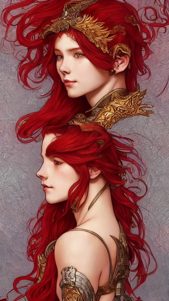 Prompt: a singular beautiful young princess who is a fire wizard with fire red hair and freckles. she is wearing red dragon armor with an exposed midriff. an intricate illustration that is a highly detailed digital painting. concept art by artgerm with border and embellishments inspired by alphonse mucha. her face is inspired by therarda art.