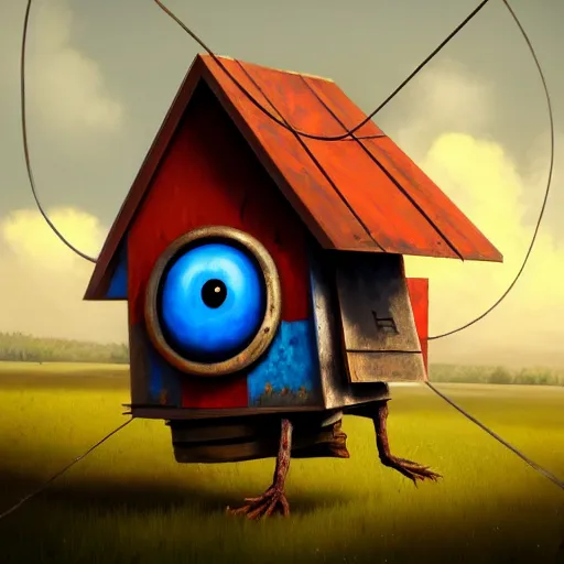 Image similar to a walking wood and metal house with two legs and one big eye, rust, hyperrealistic, highly detailed, cinematic, single ray of sun, morning, pareidolia, gravity falls style, red and blue, beautiful, cgssociety, artstation, 8 k, oil painting, digital art