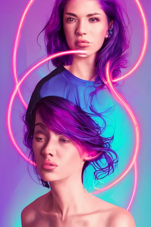 Image similar to a award winning half body portrait of a beautiful woman in a croptop and cargo pants with ombre purple pink teal hairstyle and hands in pockets by ari liloan, surrounded by whirling illuminated lines, outrun, vaporware, shaded flat illustration, digital art, trending on artstation, highly detailed, fine detail, intricate