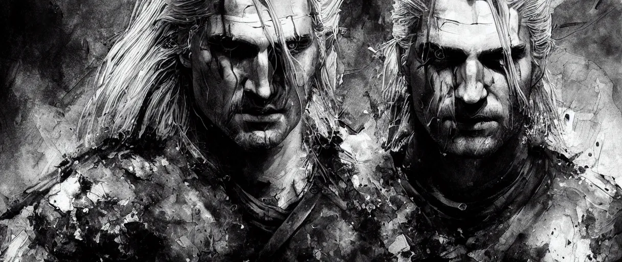 Image similar to monochrome portrait of geralt of rivia the witcher by emil melmoth zdzislaw beksinki craig mullins yoji shinkawa realistic render ominous detailed photo atmospheric by jeremy mann francis bacon and agnes cecile ink drips paint smears digital glitches glitchart