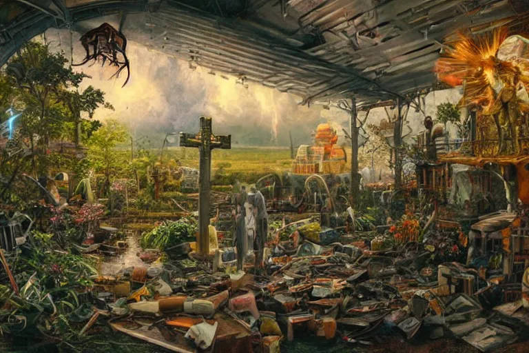 Image similar to hyperrealism, scene from church, thunderstorm, starship, junkyard, louisiana swamps, orange blooming flowers garden, 8 k, 8 0 s japanese sci - fi books art