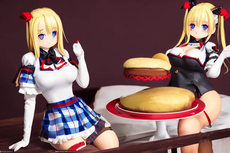 Prompt: Beautiful art of Prinz Eugen from Azur Lane wearing a tartan miniskirt and baking a cake. Voluptuous. 8k. Studio lighting.