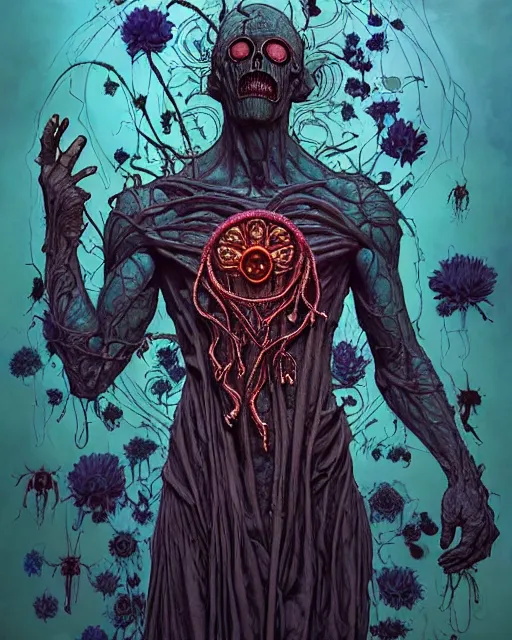 Image similar to the platonic ideal of flowers, rotting, insects and praying of cletus kasady ultimate carnage thanos dementor doctor manhattan chtulu nazgul bioshock, detailed, intricate, hyperrealism, intense, scary, decay, dmt, art by brock hofer and artgerm and greg rutkowski and alphonse mucha