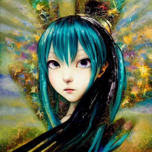 Prompt: Hatsune Miku portrait, oil painting, award-winning, highly detailed palette knife oil painting, thick impasto, painterly, autochrome, pinhole, realistic lighting, chiaroscuro, very ethereal, very ethereal, silver color, dark, chiaroscuro, nacre, pastel oil inks, paint-on-glass painting by Chiho Aoshima, Yoshitomo Nara, Huang Yuxing and Aya Takano , Superflat art movement, chibi, soft pastel colors, pinguin, soft, very ethereal, silver color, dark, chiaroscuro, nacre, pastel oil inks, paint-on-glass painting, holographic texture, holographic material, holographic rainbow