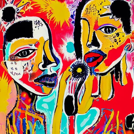 Image similar to acrylic painting of two bizarre psychedelic goth women kissing in japan in summer, speculative evolution, mixed media collage by basquiat and jackson pollock, maximalist magazine collage art, sapphic art, psychedelic illustration