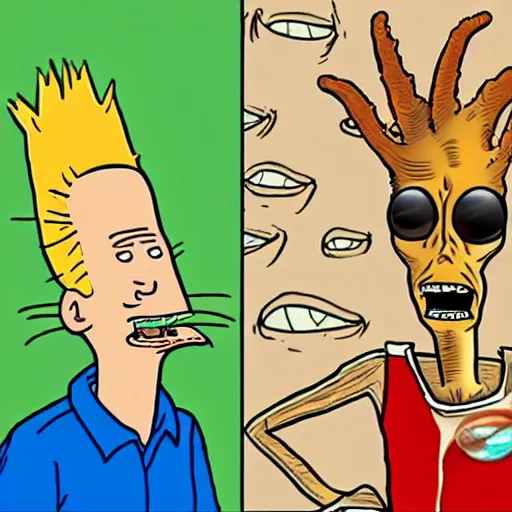 Prompt: Draw a random picture of Beavis and butthead with Alien features