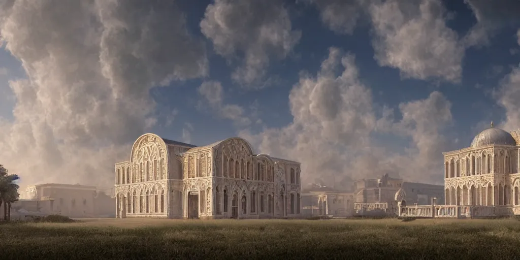 Image similar to hyperrealistic digital illustration of a shining Byzantine palace in a sea of clouds, fluffy pastel clouds, establishing shot, cinematic, architecture, concept art, deviantArt, artsation, artstation HQ, HD, 16k resolution, smooth, sharp detail, amazing depth, octane, finalRender, Unreal Engine