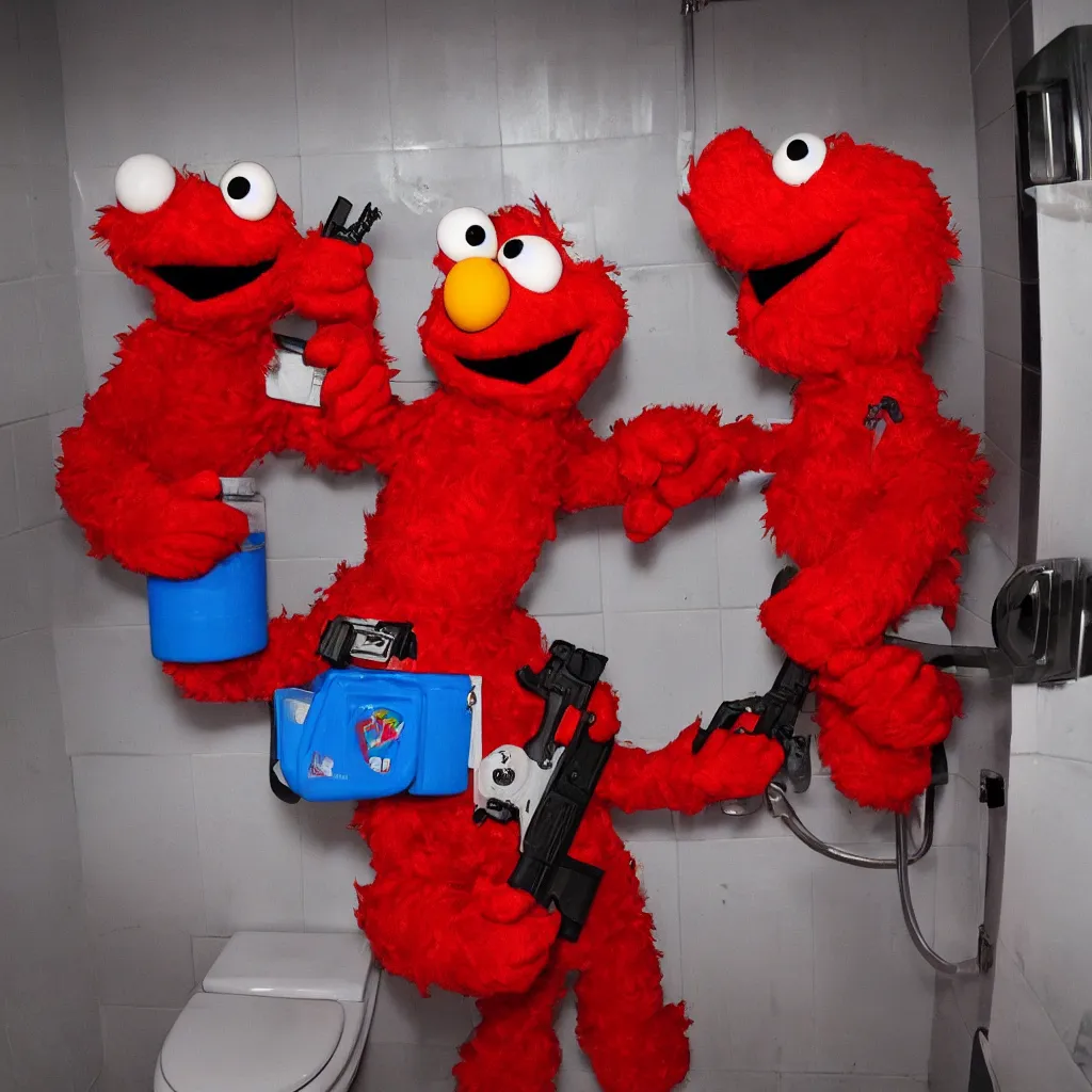 Image similar to Elmo is standing in the middle of a disgusting bathroom while holding a kalashnikov ak47