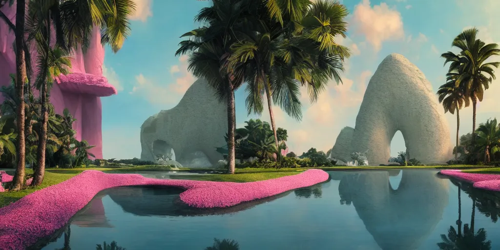 Image similar to Beeple masterpiece, hyperrealistic surrealism, award winning masterpiece with incredible details, epic stunning, infinity pool, a surreal liminal space, highly detailed, trending on ArtStation, calming, meditative, pink arches, palm trees, surreal, sharp details, dreamscape, giant gold head statue ruins, crystal clear water, sunrise