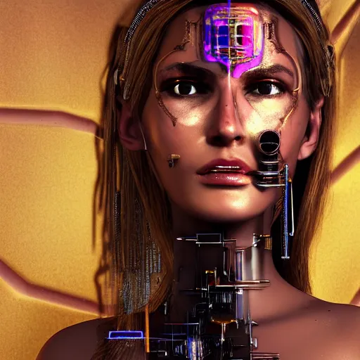 Prompt: portrait of sexy beautiful woman with aureola by pantokrator, head made of mech mask rendered in unreal engine, cyberpunk, rave style by andy warchol, scifi nanowires on skin, painted by angus mckie