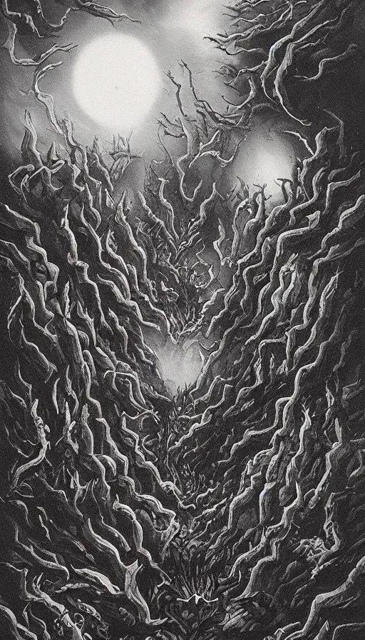 Prompt: a storm vortex made of many demonic eyes and teeth over a forest, by qian xuan