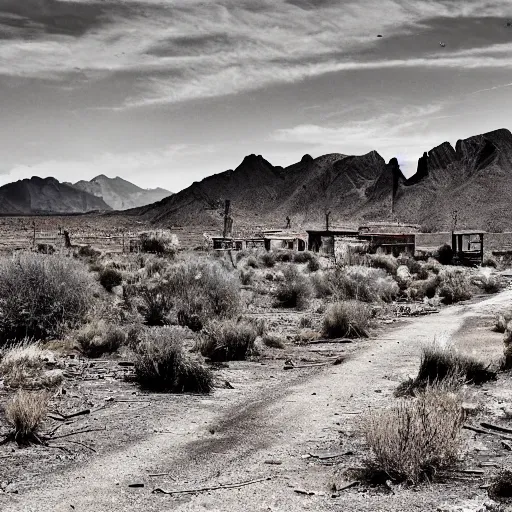 Image similar to dystopian rustic western ghost town, deserted dirt streets, tumbleweeds, weathered wood buildings, mountain range in background, painting