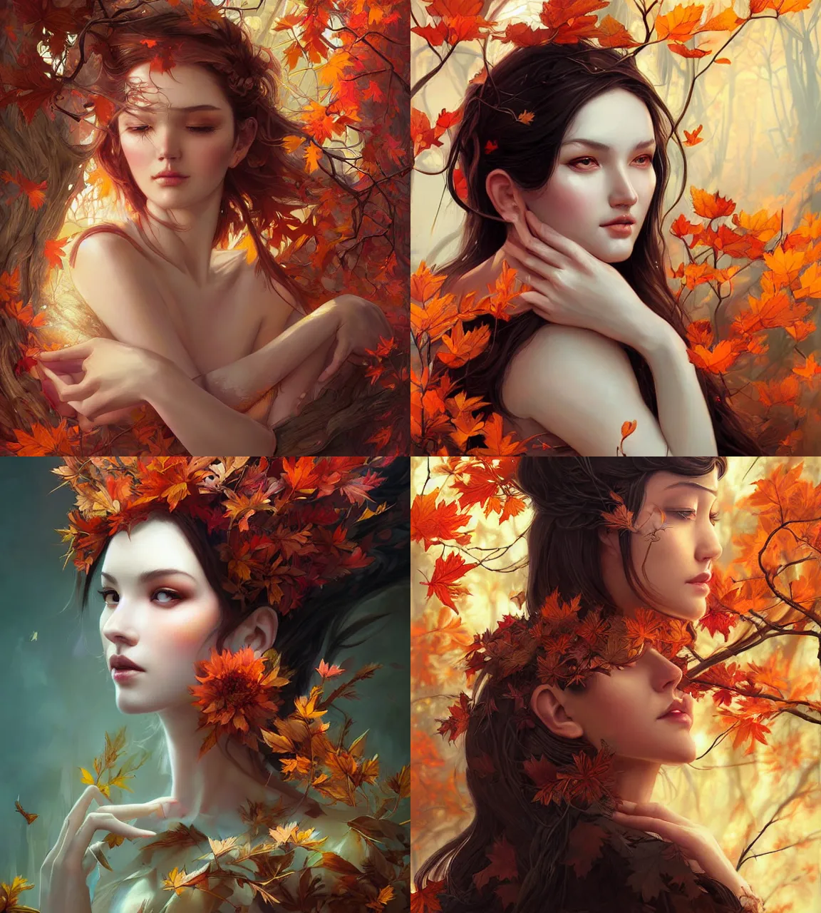 Prompt: autumn goddess, digital art by artgerm and karol bak, portrait by android jones and atey ghailan