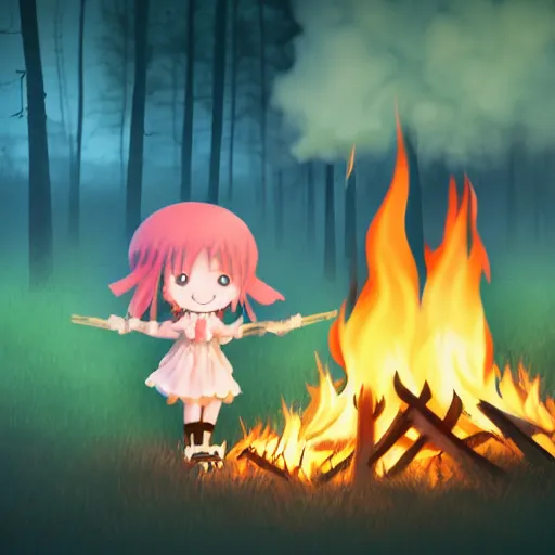 Image similar to cute fumo plush manic happy witch pyromaniac girl giddily starting a huge bonfire in the forest, anime, burning flames, warm glow and volumetric smoke vortices, filmic, rule of thirds composition, vignette, vray