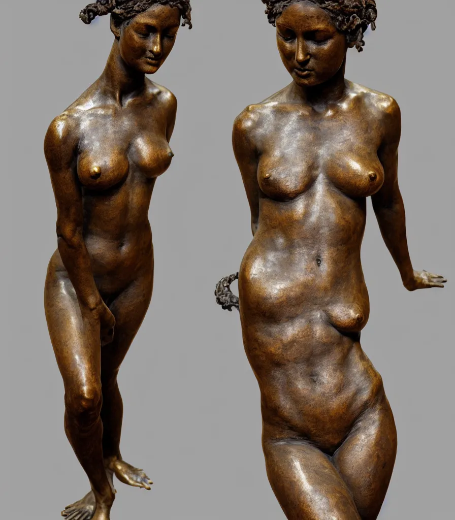 Image similar to detailed photo of old bronze patina statue of most beautiful woman, full body view, various poses, photorealism, intricate detail, museum diffuse lighting