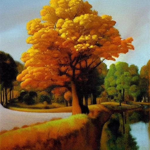 Image similar to \'The road to the autumn rainbow\' a photorealistic oil acrylic painting by Johannes Vermeer