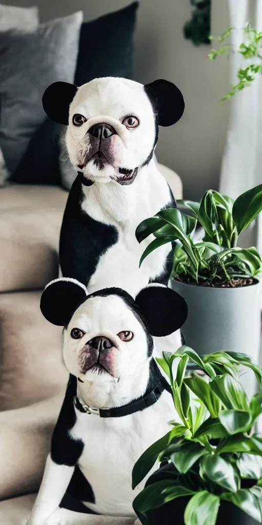 Prompt: a dog that looks like mickey mouse, white face, black body, black nose, black ears, sitting down on a sofa, house plants in the background, indoors, dim light, photograph, 4 k, shot on iphone