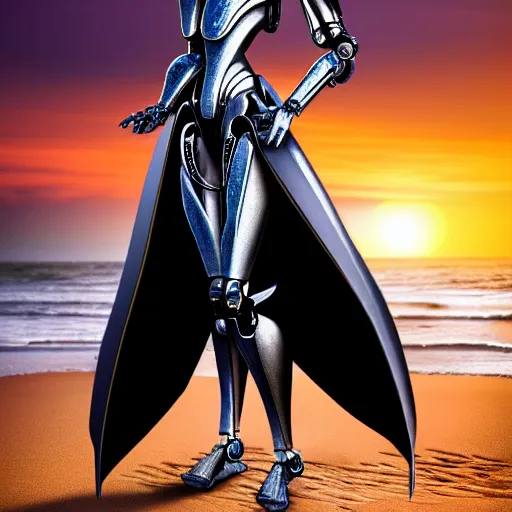 Image similar to full body shot, realistic detailed stunning beautiful anthropomorphic robot mechanical female dragon, doing an elegant pose with hand on hip, looking to the side, sleek streamlined armor and design, sharp claws, sleek head, long tail, standing on two legs, wearing a hooded cloak that blows in the wind from behind her, on the beach during sunset, high quality, cinematic art, sunset lighting, artstation, deviantart, furaffinity