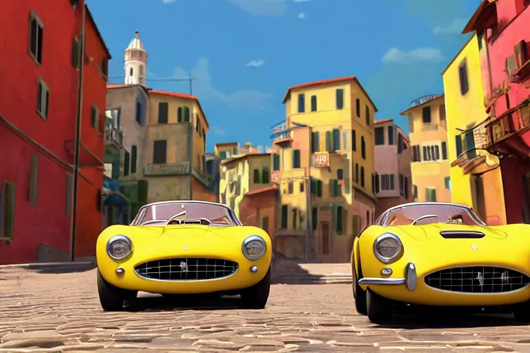 Prompt: a wholesome animation key shot of!! one!! focused!! ferrari 2 5 0 gt!! in beautiful cinque terre italian street, medium shot, studio ghibli, ( pixar ) and disney animation, sharp, very detailed, high resolution, rendered in unreal engine 5, anime key art by greg rutkowski, bloom, dramatic lighting