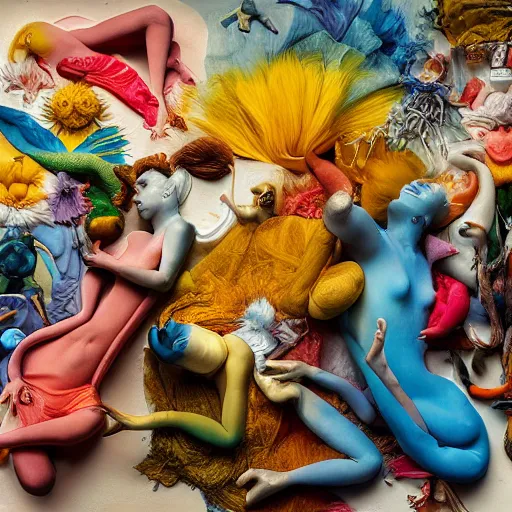 Prompt: colour glorious bizarre surrealist photographic masterpiece by ben zank and mono giraud and dorothea tanning, photo of many biomorphic still life objects draped in white cloaks, sunrise, max ernst, frederic leighton, roger dean, sam spratt, mark brooks, amano, greg hildebrandt, extreme close up - w 6 4 0