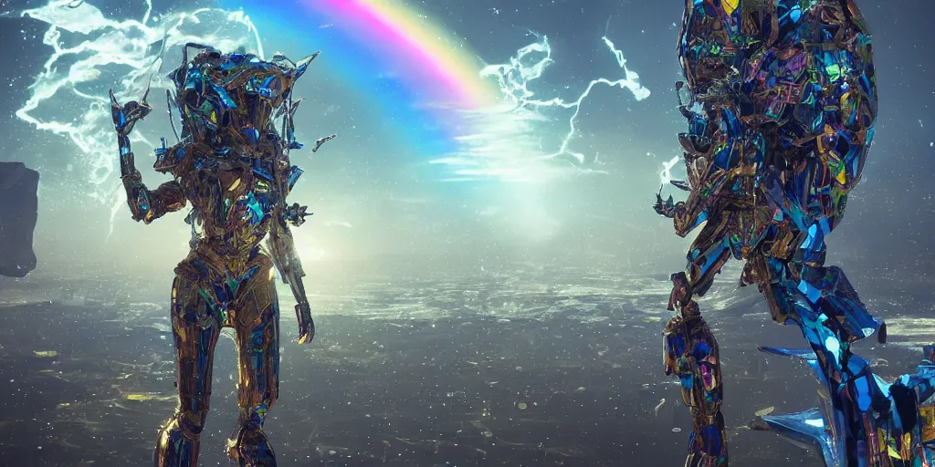 Prompt: a photo of 8k ultra realistic corrupted rainbow humanoid queen standing next to a spaceship window overlooking earth, swarm of shards, ornate white and gold armour, cinematic lighting, trending on artstation, 4k, hyperrealistic, focused, extreme details, unreal engine 5, cinematic, masterpiece