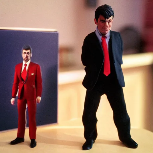 Prompt: high quality 4k picture of a plastic action man figure of Jean-Luc Melenchon with a suit and a red tie, cinestill 800t 8k, neat precise, very detailed, plastic texture