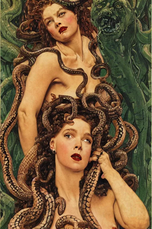 Image similar to head and shoulders portrait of fierce woman as medusa with snakes growing out of her head, norman rockwell, jacob collins, tom lovell, frank schoonover