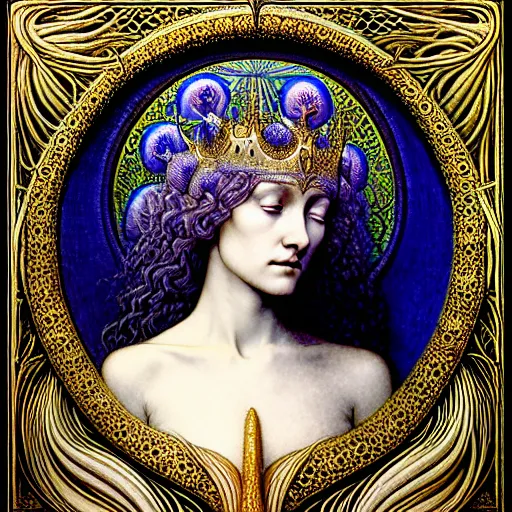 Prompt: beautiful young medieval queen face portrait by jean delville, gustave dore, iris van herpen and marco mazzoni, art forms of nature by ernst haeckel, art nouveau, symbolist, visionary, gothic, neo - gothic, pre - raphaelite, fractal lace, intricate alien botanicals, ai biodiversity, surreality, hyperdetailed ultrasharp octane render