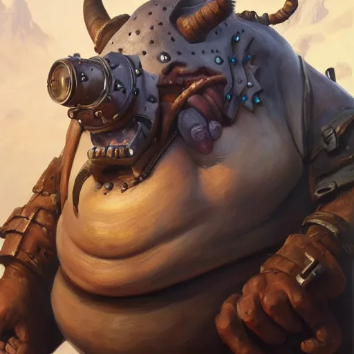 Image similar to detailed portrait of roadhog from overwatch, intricate, hyper detailed, realistic, oil painting, by julie bell, frank frazetta, cinematic lighting