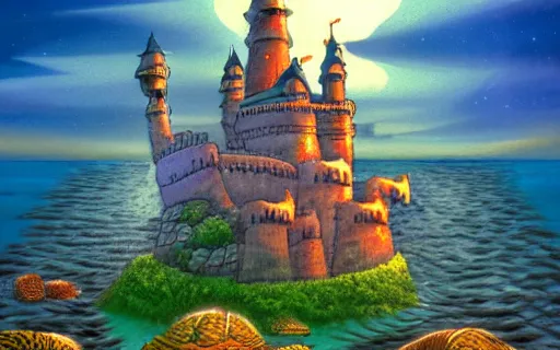 Image similar to an island with a giant castle on top of a giant turtle in the ocean, sunset, drawn by hayao miyazaki, studio ghibli film, hi res, high detail, 4k