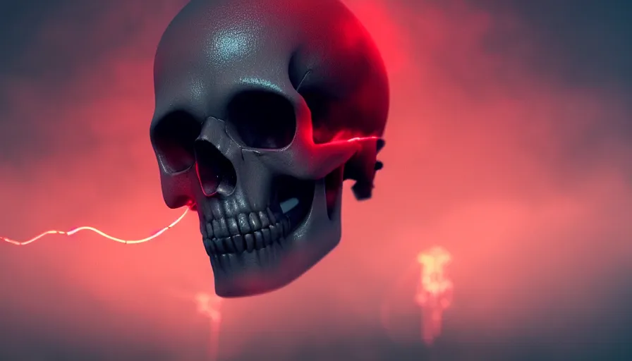 Prompt: Photorealistic Skull covered in thin red strings Surrounded by thick fog and puffy magical clouds that glow from lights in the distance, volumetric lighting, haze, atmosphere, magical lighting, digital art, wallpaper, octane, redshift, creepy, shallow depth of field