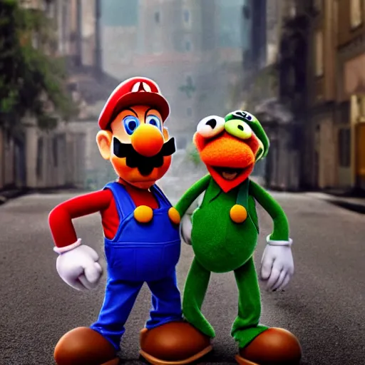 Image similar to A still of Mario and Luigi as muppets, photo real, photographic, photograph, artstation, trending, award winning, epic lighting, featured