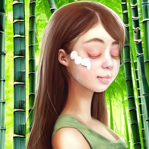 Image similar to A young beautiful giantess with a pretty face,she has green eyes, a cute nose and pink lips,she is wearing a sundress and a face mask, she is walking in a bamboo forest ,detailed body and eyes,proper anatomy, beautiful lighting,,digital art , highly detailed , high contrast, beautiful lighting, award winning , trending on art station, 8k, photo realistic,unreal engine 5