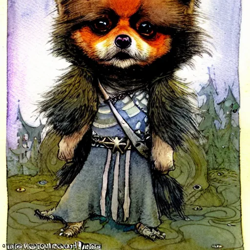 Image similar to a simple and atmospheric watercolour fantasy character concept art portrait of a robotic pomeranian as a druidic warrior wizard looking at the camera with an intelligent gaze, very muted colors, by rebecca guay, michael kaluta, charles vess and jean moebius giraud
